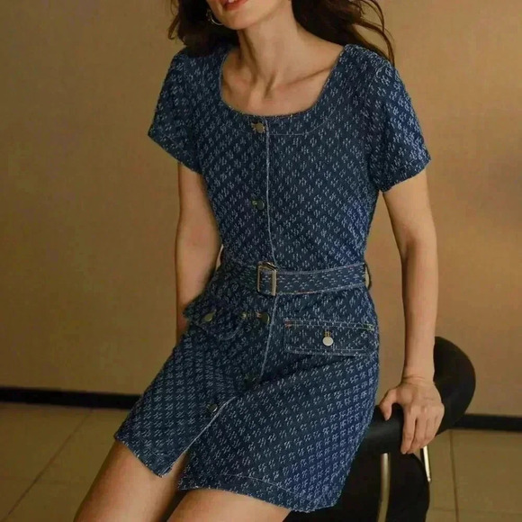 Blue Women's Flap Detail Buckle Belted Swiss Dot Denim Dress - Picture 4 of 8